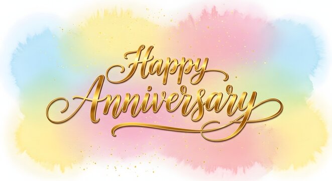 Elegant golden script happy anniversary on soft pastel watercolor background