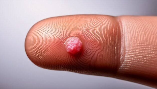realistic close up of finger with pink hpv wart showcasing intricate details and textures evoking curiosity and concern