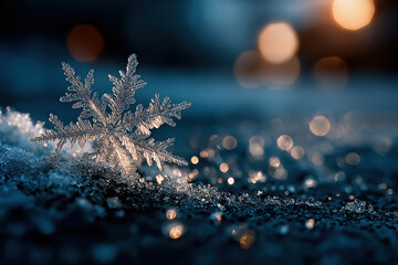 Flocon de neige en macro, cristal de glace lumineux pos&eacute; sur du givre avec reflets d&rsquo;hiver et ambiance froide nocturne