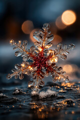 Flocon de neige en macro, cristal de glace lumineux posé sur du givre avec reflets d’hiver et ambiance froide nocturne