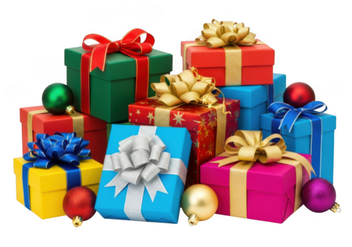 A colorful assortment of wrapped gift boxes with ribbons and christmas ornaments, isolated on transparent background