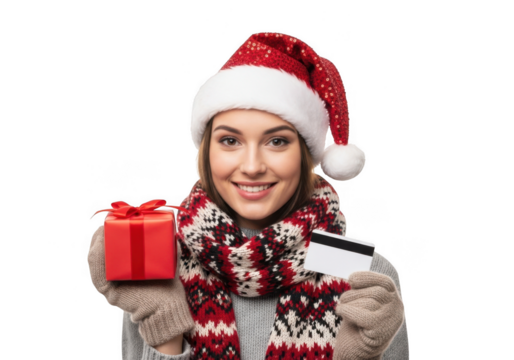 Young woman wearing a santa hat and scarf, holding a small red gift box and a credit card, isolated on transparent background - Powered by Adobe