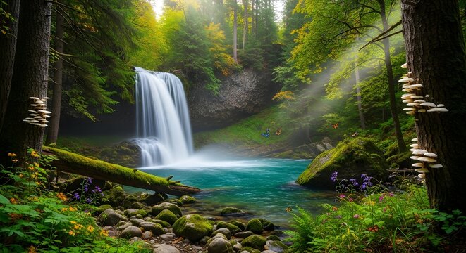 Lush forest waterfall with turquoise pool and sunbeams - Powered by Adobe