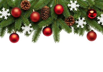 A festive christmas garland made of evergreen branches, red ornaments, pine cones, and snowflakes, isolated on transparent background