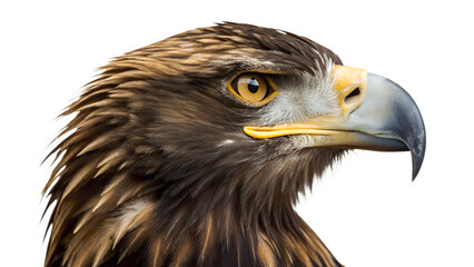 Obraz premium Close-up wildlife portrait of a majestic golden eagle, a brown bird of prey with a sharp beak and intense yellow eye