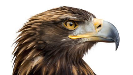 Close-up wildlife portrait of a majestic golden eagle, a brown bird of prey with a sharp beak and intense yellow eye