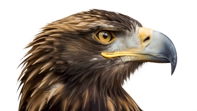 Close-up wildlife portrait of a majestic golden eagle, a brown bird of prey with a sharp beak and intense yellow eye