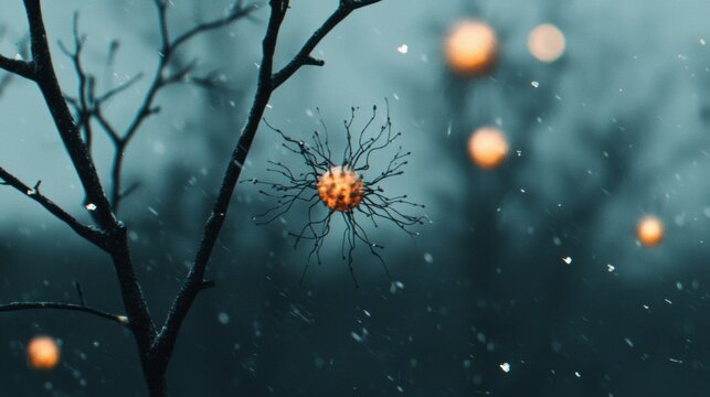 A solitary tree branch with a glowing orange orb in the center, surrounded by falling snow.