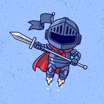 Cute knight robot in dark blue color flying with a weapon in flat vector style. Perfect for kids&rsquo; fantasy illustrations, adventure designs, and creative character artwork.