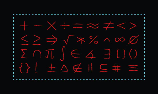 Collection of glowing neon mathematical and scientific symbols on a dark background