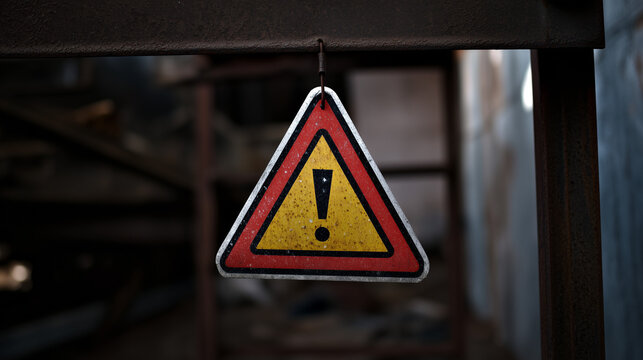 Placa triangular de aten&ccedil;&atilde;o pendurada em ambiente industrial, simbolizando risco, seguran&ccedil;a no trabalho e alerta visual para &aacute;reas que exigem cuidado e preven&ccedil;&atilde;o de acidentes