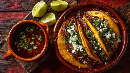 Top-down shot of Mexican Birria Tacos with consommé on the side, crispy tacos filled with stewed beef