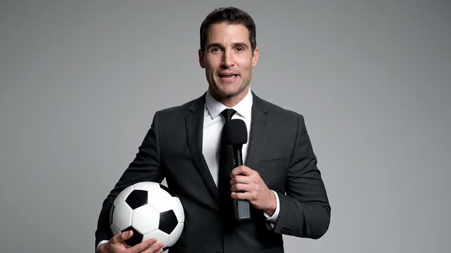 Young man in professional attire, holding a soccer ball and a microphone, delivers sports commentary to the camera against a neutral gray backdrop
