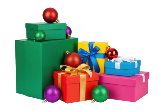 A colorful assortment of wrapped gift boxes and christmas ornaments piled together, isolated on transparent background