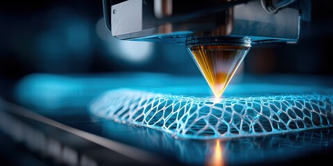 Advanced 3D printer creating intricate design using laser technology in a modern workshop environment