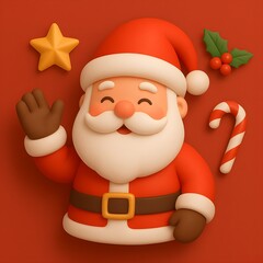 “Cute 3D Santa Claus Illustration with Candy Cane and Christmas Elements – Festive Holiday Character Art”