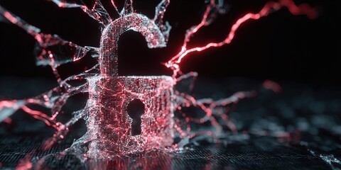 Digital lock breaking apart with light effects, symbolizing security vulnerability in technology