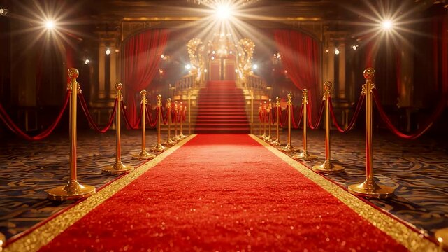 Luxurious Red Carpet Leading to Grand Staircase with Golden Lights and Velvet Ropes