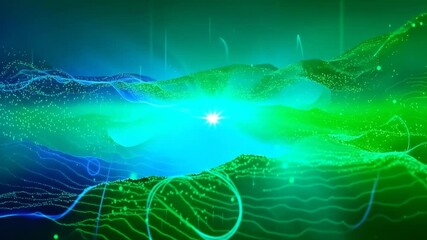 Abstract green and blue digital landscape with glowing lines and particles - Powered by Adobe