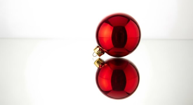 Elegant red Christmas ornament reflects beautifully on a clean white surface