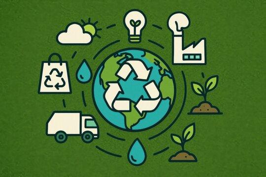 Illustration of Earth surrounded by eco-friendly symbols, highlighting recycling, water conservation, and sustainable practices. Concept of environmental awareness and sustainability.