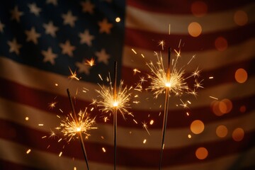 Sparkler fireworks glowing in front of an American flag backdrop, symbolizing celebration, patriotism, and national pride during festive occasions.