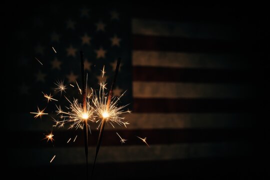 Sparkler lights illuminating the darkness, set against a blurred American flag backdrop. Concept of celebration, patriotism, and national festivities.
