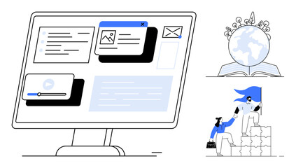 Computer screen with app windows, open book with globe, professionals climbing steps together. Ideal for education, teamwork, digital marketing, leadership, global connection, learning innovation