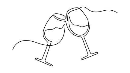 Continuous obe line drawing of two champagne glasses clinking together isolated on white background