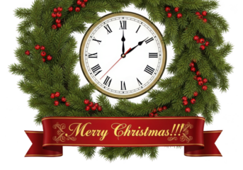 Christmas wreath with a clock showing almost midnight and a red banner that says merry christmas, isolated on transparent background