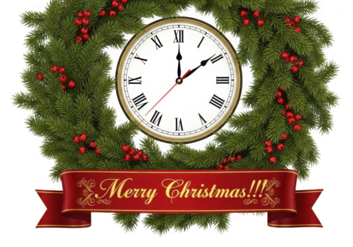 Christmas wreath with a clock showing almost midnight and a red banner that says merry christmas, isolated on transparent background