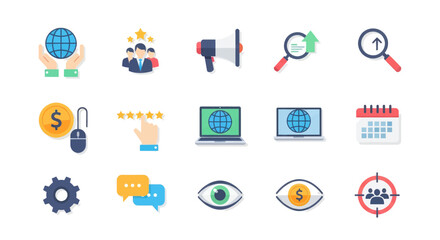 Collection of flat design icons representing business, marketing, and online strategy concepts.
