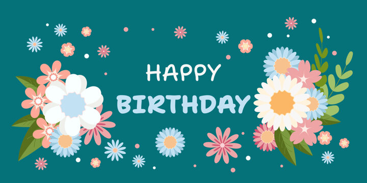 Horizontal postcard with delicate spring flowers and leaves in soft pastel colors on blue background. Elegant floral vector design Greeting card. Happy Birthday text. For friend mom dad - Powered by Adobe