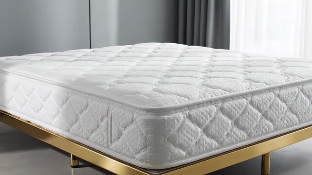 Plush white orthopedic mattress on a sleek golden bed frame, close up of quilted texture and soft fabric suggesting supportive, luxurious comfort for restful sleep