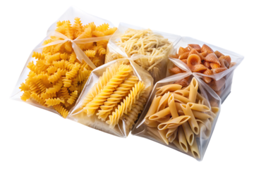 Assortment of dry pasta shapes, including fusilli penne and spaghetti in clear plastic packaging, cutout, PNG, isolated on white or transparent background, AI