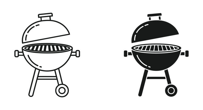 Outline and solid barbecue grill icons, kettle charbroil for outdoor cooking fun.