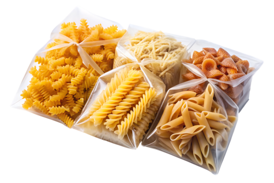 Assortment of dry pasta shapes, including fusilli penne and spaghetti in clear plastic packaging, cutout, PNG, isolated on white or transparent background, AI