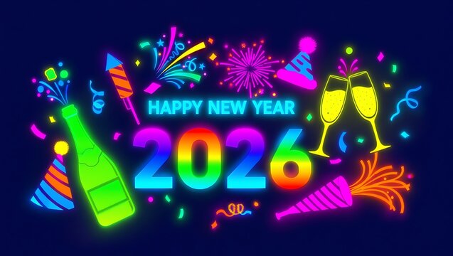 Vibrant neon graphic celebrating Happy New Year 2026 with colorful fireworks, champagne, and festive party elements on a dark background