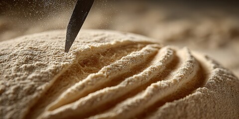 Fresh artisan bread being scored with a blade in a warm kitchen setting early in the morning