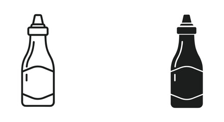 Outline and glyph icons of condiment sauce bottle, food seasoning packaging