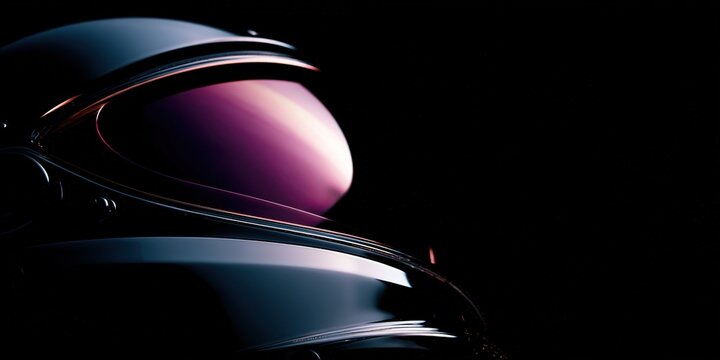 Suit and helmet reflect alien planet in dark space setting during cosmic exploration