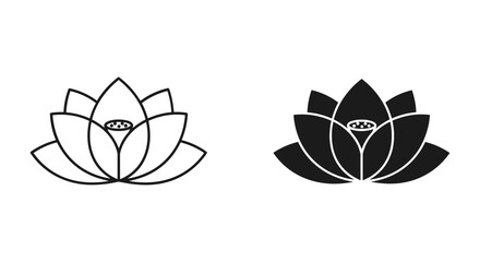 Stylized lotus flower outline and solid icon for yoga, spa, purity, meditation