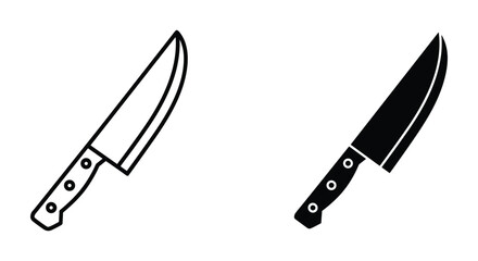Kitchen chef knife outline and solid icon set for cooking and food preparation