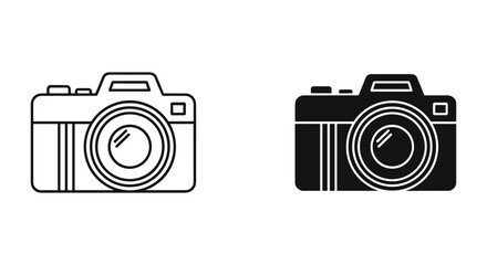 Digital photography camera icon set: outlined and filled solid black versions