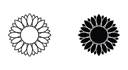 Sunflower outline and solid silhouette icon set, simple vector floral design