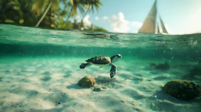 A vivid underwater scene featuring a turtle swimming gracefully in clear turquoise waters. The turtles flippers are spread out, and its head is turned slightly upward.