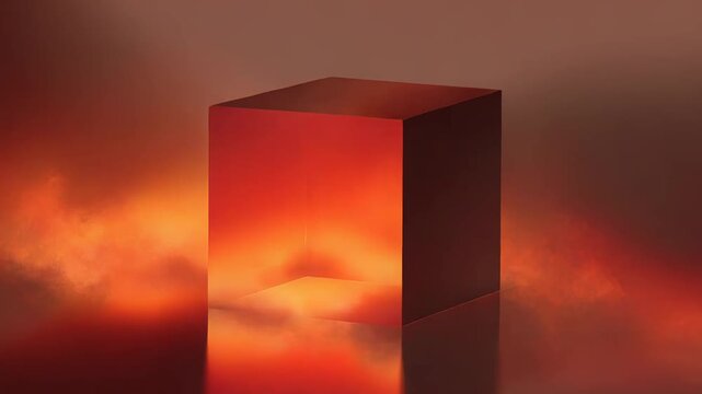 Abstract cube emitting glowing red orange light