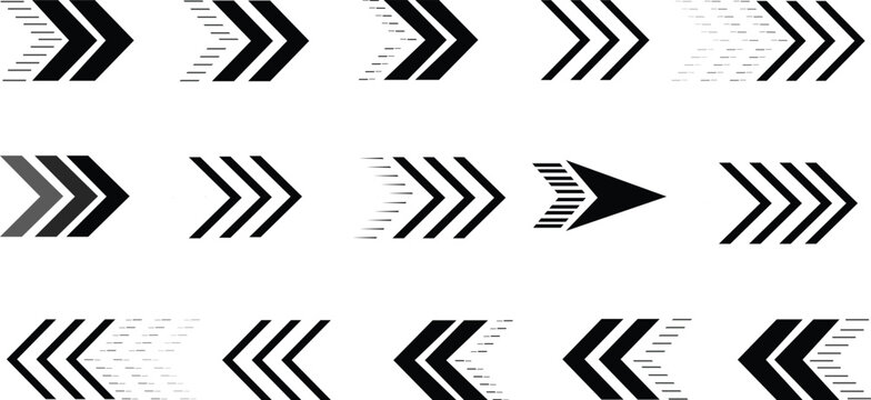 Collection of modern black and white arrow icons pointing forward. Set of graphic chevron symbols for direction