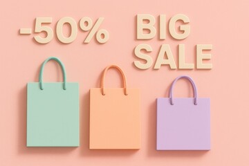 Pastel shopping bags and sale text on pink background, black friday concept