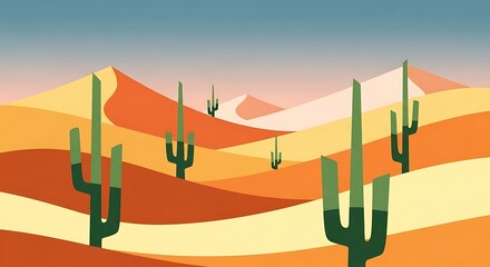 Desert landscape illustration featuring rolling sand dunes, cacti, and a clear blue sky, evoking a sense of vastness.